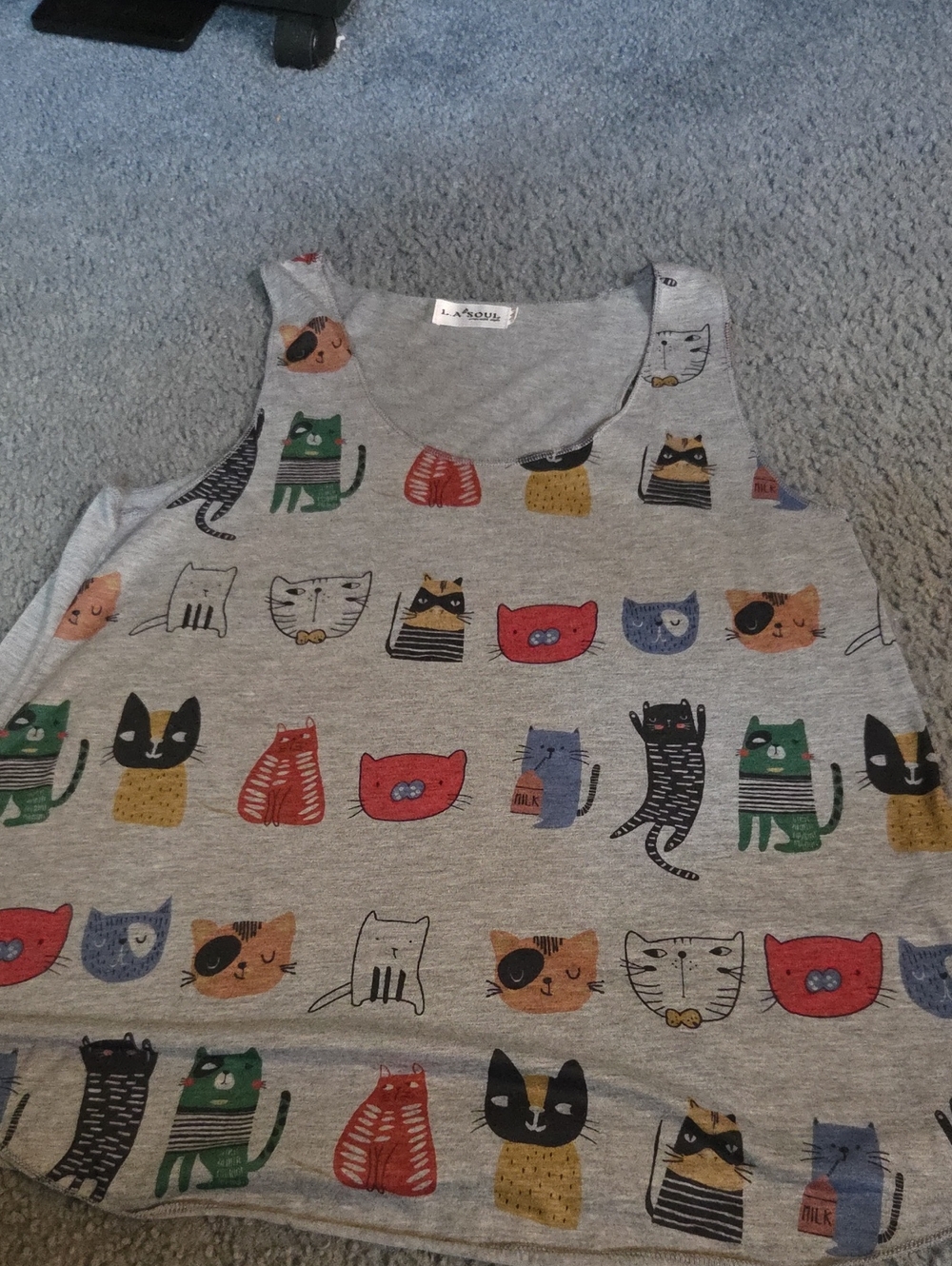 Gray Cat-Print Tank Top — Playful Multicolor Cats